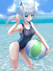 Rule 34 | 1girl, absurdres, animal ear fluff, animal ears, ball, beachball, black one-piece swimsuit, blue archive, blue eyes, blue sky, breasts, cloud, competition swimsuit, covered navel, cross hair ornament, day, extra ears, grey hair, hair ornament, halo, highres, horizon, looking at viewer, low ponytail, medium breasts, medium hair, mismatched pupils, multicolored clothes, multicolored swimsuit, ocean, one-piece swimsuit, outdoors, shiroko (blue archive), shiroko (swimsuit) (blue archive), sky, soaking feet, solo, standing, swimsuit, syatihoko123, water