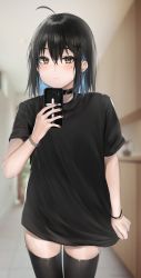 Rule 34 | 1girl, absurdres, ahoge, artist name, black bow, black choker, black hair, black nails, black shirt, black thighhighs, blue hair, blurry, blurry background, blush, bow, brown eyes, cellphone, choker, closed mouth, colored inner hair, commentary, cowboy shot, cross, cross earrings, earrings, english commentary, frown, goth fashion, hair between eyes, hair bow, hand up, highres, holding, holding phone, indoors, irene (kanniiepan), jewelry, kanniiepan, looking at viewer, medium hair, meme, mole, mole under eye, multicolored hair, nail polish, original, pajamas challenge, phone, shirt, short sleeves, sidelocks, smartphone, solo, standing, thighhighs, two-tone hair, wristband