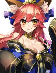 Rule 34 | 10s, 1girl, :&gt;, animal ears, bell, blush, bow, breasts, cleavage, collar, detached sleeves, fate/extella, fate/extra, fate/grand order, fate (series), fox ears, fox tail, hair bow, hair ribbon, japanese clothes, looking at viewer, neck bell, official alternate costume, pink hair, ribbon, sayuu (uesita-sayu), simple background, solo, tail, tamamo no mae (fate/extra), tamamo no mae (third ascension) (fate), white background, yellow eyes