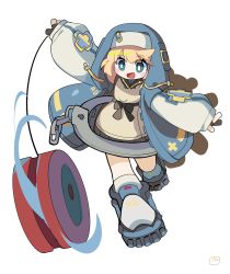 Rule 34 | 1boy, absurdres, animal bag, backpack, bag, bare legs, bear bag, blonde hair, blue footwear, blue jacket, bridget (guilty gear), chibi, commentary, cuffs, dress, guilty gear, guilty gear strive, habit, handcuffs, highres, hood, hooded jacket, incoming attack, jacket, long sleeves, ngawa, oversized object, short hair, signature, simple background, sleeves past wrists, stuffed animal, stuffed toy, teddy bear, trap, white background, white dress, yo-yo