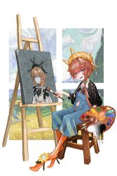 Rule 34 | 1girl, absurdres, blue eyes, braid, brown hair, detached collar, discat, fate/grand order, fate (series), hat, highres, holding, holding paintbrush, nervous smile, paintbrush, painting (action), painting (object), palette (object), sitting, smile, stool, van gogh (fate), van gogh (second ascension) (fate), zipper