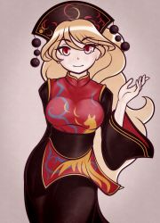 Rule 34 | 1girl, absurdres, black dress, blonde hair, breasts, cafeier, chinese clothes, commentary, cowboy shot, dress, english commentary, hat, highres, hip focus, junko (touhou), long hair, looking at viewer, medium breasts, red eyes, sash, simple background, smile, solo, tassel, touhou, wide sleeves
