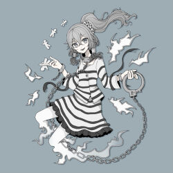 Rule 34 | 1girl, chain, cuffs, foul detective satori, full body, ghost tail, grey background, grey eyes, grey hair, hair between eyes, hair tubes, hiratose02 (mxx 459), long hair, long sleeves, miyadeguchi mizuchi, open mouth, ponytail, prison clothes, shackles, shirt, simple background, skirt, smile, solo, striped clothes, striped shirt, striped skirt, touhou