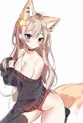 Rule 34 | 1girl, animal ears, annytf, anyuu, black sweater, black thighhighs, blush, breasts, brown hair, cleavage, commentary, cowboy shot, english commentary, extra ears, fox ears, fox girl, fox tail, hair ornament, highres, indie virtual youtuber, long hair, looking at viewer, medium breasts, off-shoulder sweater, off shoulder, panties, pendant choker, purple eyes, red panties, solo, star (symbol), star hair ornament, sweater, tail, thighhighs, underwear, virtual youtuber, white background