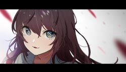 Rule 34 | 1girl, :3, blue eyes, blurry, blurry background, brown hair, close-up, commentary request, copyright request, depth of field, hair between eyes, highres, letterboxed, long hair, looking at viewer, multicolored eyes, parted lips, smile, solo, waterkuma