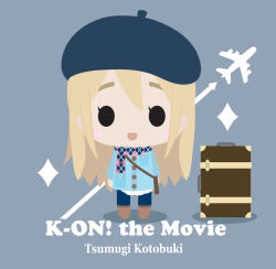 Rule 34 | 1girl, aircraft, airplane, argyle, argyle clothes, argyle scarf, arms at sides, arrow (symbol), bag, beret, blonde hair, character name, chibi, copyright name, eyebrows, female focus, flat color, full body, hat, k-on!, k-on! movie, kotobuki tsumugi, long hair, non-web source, scarf, shoulder bag, simple background, solo, standing, suitcase, travel, trunk, winter, winter clothes