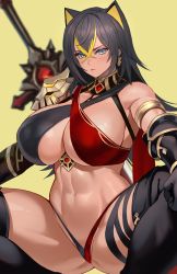 Rule 34 | 1girl, abs, animal ears, armlet, black gloves, black hair, black thighhighs, blue eyes, breasts, cleavage, dark-skinned female, dark skin, dehya (genshin impact), genshin impact, gloves, highres, large pectorals, looking at viewer, mecha musume, multicolored hair, muscular, muscular female, pectorals, revealing clothes, spread legs, squatting, streaked hair, sword, taesi, thick thighs, thigh strap, thighhighs, thighs, thong, weapon, weapon on back