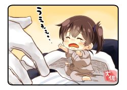 Rule 34 | 10s, 1girl, absurdres, admiral (kancolle), artist name, blanket, brown hair, chibi, closed eyes, commentary request, frown, futon, gloves, highres, japanese clothes, kaga (kancolle), kantai collection, mini person, minigirl, open mouth, orange background, outstretched arms, pajamas, short hair, side ponytail, sitting, taisa (kari), tears, upset, wariza, white gloves