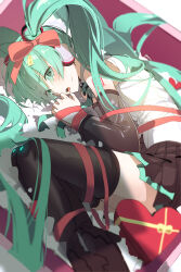 Rule 34 | 1girl, @ @, absurdres, aqua eyes, aqua hair, black skirt, black sleeves, black thighhighs, bound, bow, box, commentary request, detached sleeves, gift, gift box, gift tag, hatsune miku, heart-shaped box, highres, hya ro, long hair, looking at viewer, necktie, number tattoo, open mouth, pleated skirt, red bow, red ribbon, ribbon, ribbon bondage, shirt, skirt, sleeveless, sleeveless shirt, solo, tattoo, thighhighs, twintails, valentine, very long hair, vocaloid, white shirt, zettai ryouiki