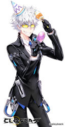 Rule 34 | 1boy, artist name, black gloves, blue necktie, closers, collared shirt, copyright name, cowboy shot, full body, gloves, grin, holding maracas, instrument, j (closers), male focus, maracas, necktie, playback, shirt, short hair, simple background, smile, solo, uniform, white background, white hair, white shirt