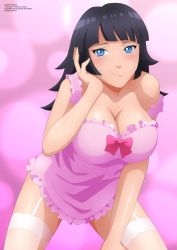 Rule 34 | 1girl, absurdres, aged up, arm support, black hair, blue eyes, blush, boruto: naruto next generations, breasts, bubble background, cleavage, collarbone, dress, facial mark, garter straps, hand on own cheek, hand on own face, highres, kneeling, large breasts, long hair, looking at viewer, naruto, naruto (series), pink background, pink dress, sleeveless, sleeveless dress, smile, strap slip, thighhighs, uzumaki himawari, whisker markings, white thighhighs, zel-sama
