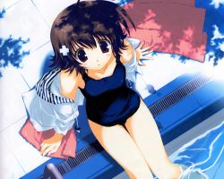 Rule 34 | 1girl, ahoge, brown eyes, brown hair, dutch angle, from above, hair ornament, jacket, jacket over swimsuit, looking at viewer, looking up, mitsumi misato, off shoulder, one-piece swimsuit, outdoors, pool, poolside, school swimsuit, short hair, sitting, soaking feet, solo, swimsuit, towel, water