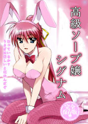 Rule 34 | 00s, 1girl, animal ears, arm support, bare shoulders, blue eyes, bow, bowtie, breast hold, breasts, rabbit ears, rabbit tail, playboy bunny, cleavage, detached collar, fake animal ears, female focus, fishnet pantyhose, fishnets, kneeling, large breasts, long hair, looking at viewer, lyrical nanoha, mahou shoujo lyrical nanoha, mahou shoujo lyrical nanoha a&#039;s, mahou shoujo lyrical nanoha strikers, official art, open mouth, pantyhose, pink hair, pink theme, ponytail, shoes, signum, sitting, smile, solo, tail, third-party edit, translation request, v arms, wrist cuffs