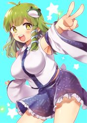 Rule 34 | + +, 1girl, bad id, bad twitter id, blue background, blush, breasts, detached sleeves, frog hair ornament, green hair, hair ornament, japanese clothes, kochiya sanae, large breasts, long hair, long sleeves, looking at viewer, miko, open mouth, outstretched arm, ponpoko, shirt, skirt, smile, snake hair ornament, solo, star (symbol), touhou, v, wide sleeves, yellow eyes