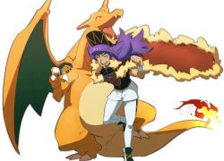 Rule 34 | 1boy, :d, baseball cap, cape, champion uniform, charizard, clenched hand, closed eyes, creatures (company), dark-skinned male, dark skin, facial hair, fire, flame-tipped tail, floating cape, floating hair, fur-trimmed cape, fur trim, game freak, gen 1 pokemon, gloves, hands up, happy, hat, highres, leg up, leggings, leon (pokemon), long hair, male focus, morio (poke orio), nintendo, open mouth, pokemon, pokemon (creature), pokemon swsh, purple hair, red cape, shield print, shirt, shoes, short shorts, short sleeves, shorts, single glove, smile, standing, standing on one leg, sword print, teeth, tongue, upper teeth only, white background, white legwear, white shorts