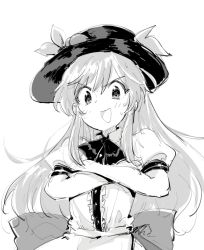 Rule 34 | 1girl, :3, :d, bare arms, bow, bowler hat, bowtie, buttons, crossed arms, eyebrows, eyelashes, flat chest, food, fruit, greyscale, hair between eyes, hat, hinanawi tenshi, leaf, long hair, monochrome, open mouth, peach, puffy short sleeves, puffy sleeves, shigatsu shizuki, shirt, short sleeves, sidelocks, simple background, smile, solo, sweat, tongue, touhou, turtleneck, upper body, v-shaped eyebrows, white background