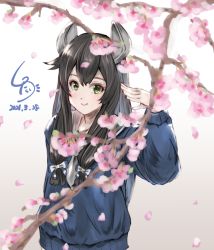 Rule 34 | 1girl, artist logo, black hair, blue dress, branch, cherry blossoms, commentary request, dated, dress, green eyes, hair ribbon, headgear, highres, i-47 (kancolle), kantai collection, ld (luna dial398), long hair, low-tied long hair, ribbon, sailor dress, sidelocks, solo, tress ribbon