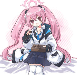 Rule 34 | + +, 1girl, black gloves, black skirt, blue archive, blue necktie, candy, chocolate, fingerless gloves, food, gloves, halo, holding, holding candy, holding food, jacket, koyuki (blue archive), long hair, long sleeves, looking at viewer, necktie, open clothes, open jacket, open mouth, pink eyes, pink hair, pink halo, shirt, sitting, skirt, smile, solo, thighhighs, twintails, ueji bun, very long hair, white jacket, white shirt, white thighhighs