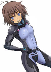 Rule 34 | 1girl, antenna hair, armor, bad id, bad pixiv id, blue eyes, blush, bodysuit, breasts, brown hair, covered erect nipples, covered navel, cowboy shot, dutch angle, fortified suit, from side, gloves, grey hair, grin, hair between eyes, hand on own hip, kanden sky, legs apart, looking at viewer, muv-luv, muv-luv alternative, muv-luv total eclipse, pauldrons, pilot suit, science fiction, short hair, shoulder armor, simple background, sketch, small breasts, smile, solo, tan, tarisa manandal, white background