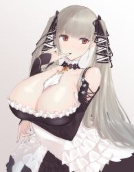 Rule 34 | 1girl, absurdres, arm under breasts, azur lane, bare shoulders, between breasts, black nails, breasts, cleavage, detached collar, earrings, fingerless gloves, formidable (azur lane), gloves, gothic lolita, highres, huge breasts, jewelry, lolita fashion, long hair, looking to the side, nail polish, no bra, platinum blonde hair, red eyes, smine, solo, third-party source, twintails, two-tone dress, two-tone ribbon, very long hair