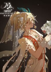 Rule 34 | 1boy, artist name, bishounen, blonde hair, bouquet, bride, brown background, brown hair, closed mouth, crossdressing, dress, earrings, flower, genshin impact, gloves, hair bun, highres, holding, holding bouquet, jewelry, kaveh (genshin impact), male bride, male focus, multicolored hair, ncean, necklace, red eyes, red scarf, scarf, solo, white dress, white flower, white gloves