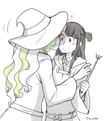 Rule 34 | 10s, 2girls, artist name, black hair, blonde hair, blush, couple, cowboy shot, diana cavendish, female focus, hat, heart, kagari atsuko, kiss, kissing cheek, little witch academia, multiple girls, red eyes, spot color, standing, surprised, ticcy, white background, wide-eyed, wide sleeves, witch hat, yuri