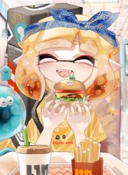 Rule 34 | 1girl, ^ ^, artist name, bag, bandana, black bag, blonde hair, blue bandana, blunt bangs, blush, burger, ceiling, ceiling light, closed eyes, commentary request, cup, day, disposable cup, drinking straw, face, fangs, fluorescent lamp, food, french fries, happy, highres, holding, indoors, inkling, inkling girl, inkling player character, jellyfish, jellyfish (splatoon), mask, mekabu x x, nintendo, open mouth, pointy ears, print bandana, print shirt, shirt, short eyebrows, short hair, short sleeves, signature, smile, sticker, suction cups, t-shirt, tentacle hair, thick eyebrows, tile ceiling, tiles, tray, twitter username