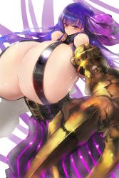 Rule 34 | 10s, 1girl, bad anatomy, breasts, claws, cleavage, fate/extra, fate/extra ccc, fate (series), gauntlets, gigantic breasts, gond, hair ribbon, highres, long hair, passionlip (fate), pinstripe pattern, purple hair, ribbon, smile, solo, striped