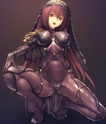 Rule 34 | 1girl, artist request, bodysuit, breasts, catsuit, covered navel, fate/grand order, fate (series), headdress, kneeling, large breasts, long hair, open mouth, purple hair, red eyes, scathach (fate), scathach (fate), solo, veil