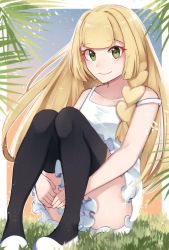 Rule 34 | 1girl, alternate costume, black thighhighs, blonde hair, blunt bangs, blush, braid, closed mouth, commentary request, creatures (company), dress, eyelashes, frills, game freak, grass, green eyes, highres, lillie (pokemon), long hair, looking at viewer, mocacoffee 1001, nintendo, pokemon, pokemon sm, shoes, sitting, smile, solo, thighhighs, white dress, white footwear