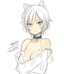 Rule 34 | 10s, 1girl, anastasia (idolmaster), animal ears, artist name, blue eyes, bra, breasts, cat ears, cleavage, collar, idolmaster, idolmaster cinderella girls, looking at viewer, ooyari ashito, short hair, simple background, smile, solo, underwear, white background, white hair