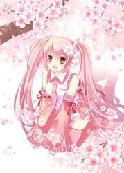Rule 34 | 1girl, boots, cherry blossoms, detached sleeves, flower, hair flower, hair ornament, hatsune miku, highres, kneeling, long hair, necktie, open mouth, pink eyes, pink footwear, pink hair, sakura miku, skirt, solo, thigh boots, thighhighs, tinkle2013, twintails, very long hair, vocaloid