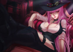 Rule 34 | 1girl, black choker, black footwear, black hat, boots, breasts, chair, chaps, choker, cleavage, cowboy boots, cowboy hat, cowboy western, hat, highres, hololive, hololive english, large breasts, legs on table, legs up, long hair, mori calliope, mori calliope (sheriff), oakproud, pink hair, red eyes, shirt, solo, thigh strap, virtual youtuber, white shirt
