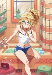 Rule 34 | 1girl, bar soap, bath stool, bathtub, bespectacled, blonde hair, braid, breasts, brushing teeth, dolphin shorts, fate/apocrypha, fate (series), french braid, glasses, green eyes, hair ornament, hair scrunchie, highres, jewelry, long hair, looking at viewer, midriff, mordred (fate), mordred (fate/apocrypha), mordred (memories at trifas) (fate), navel, necklace, parted bangs, pendant, ponytail, revision, scrunchie, shampoo bottle, shorts, sidelocks, sitting, small breasts, solo, stool, tonee, toothbrush, toothbrush in mouth