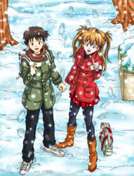 Rule 34 | 1boy, 1girl, :d, amai yadoraki, backpack, bag, black pants, black sweater, blue eyes, blue pantyhose, boots, brown footwear, brown hair, brown scarf, coat, couple, from below, full body, green coat, happy, highres, holding, holding hands, ikari shinji, index finger raised, long hair, long sleeves, looking at viewer, miniskirt, neon genesis evangelion, open mouth, outdoors, pants, pantyhose, pleated skirt, red coat, red skirt, scarf, shoes, skirt, smile, sneakers, snow, snowing, souryuu asuka langley, standing, sweater, twintails, white footwear, winter clothes, winter coat