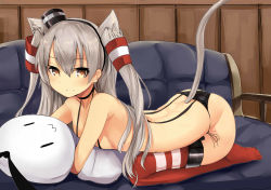 Rule 34 | 10s, 1girl, amatsukaze (kancolle), animal ear fluff, animal ears, arched back, black panties, blush, brown eyes, cat ears, cat tail, garter straps, hair between eyes, highres, kantai collection, kemonomimi mode, long hair, looking at viewer, panties, red thighhighs, side-tie panties, silver hair, solo, striped clothes, striped thighhighs, tail, thighhighs, topless, twintails, two side up, underwear, underwear only, yoshizawa tsubaki, | |