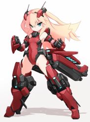 Rule 34 | 1girl, :&lt;, armor, armpits, blonde hair, blue eyes, boots, closed mouth, densou tenshi valforce, frown, full body, gloves, highres, karukan (monjya), leotard, long hair, looking at viewer, md5 mismatch, mecha musume, misawa elena, red footwear, red leotard, resolution mismatch, shadow, solo, source larger, standing, thigh boots, thighhighs, two side up, white background