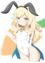 Rule 34 | 1girl, absurdres, animal ears, arms behind back, bad id, bad pixiv id, blonde hair, blue cape, blue eyes, cape, carrot, character request, copyright request, covered navel, coyomin, elbow gloves, fake animal ears, gloves, hairband, highres, leotard, long hair, rabbit ears, solo, upper body, white gloves, white leotard
