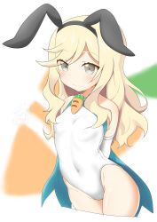 1girl absurdres animal_ears arms_behind_back bad_id bad_pixiv_id blonde_hair blue_cape blue_eyes cape carrot character_request copyright_request covered_navel coyomin elbow_gloves fake_animal_ears female_focus gloves hairband highres leotard long_hair rabbit_ears solo upper_body white_gloves white_leotard