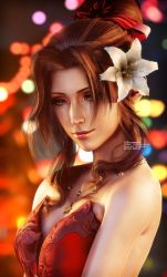 Rule 34 | 1girl, 3d, aerith gainsborough, artist name, bare shoulders, breasts, brown hair, dress, final fantasy, final fantasy vii, final fantasy vii remake, flower, green eyes, hair bun, hair flower, hair ornament, hair ribbon, highres, jewelry, lily (flower), lipstick, looking down, makeup, medium breasts, necklace, parted bangs, red dress, red ribbon, ria-neearts, ribbon, sidelocks, single hair bun, solo, square enix, strapless, strapless dress, upper body, wall market, wavy hair, white flower