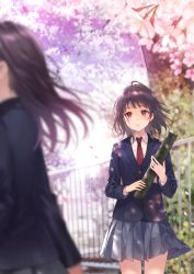 Rule 34 | 2girls, blazer, blue jacket, blurry, blurry foreground, blush, brown hair, collared shirt, commentary request, day, depth of field, fence, flower, fukahire (ruinon), grey skirt, holding, jacket, long hair, long sleeves, multiple girls, necktie, original, outdoors, parted lips, pink flower, pleated skirt, red eyes, red neckwear, school uniform, shirt, skirt, solo focus, standing, tree, tube, white shirt