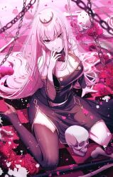 Rule 34 | 1girl, black dress, black sleeves, black thighhighs, breasts, chain, cleavage, commentary, detached sleeves, dress, flower, ggatip, highres, hololive, hololive english, large breasts, long hair, looking at viewer, mori calliope, petals, pink hair, red eyes, red flower, scythe, see-through, see-through sleeves, single thighhigh, skull, sleeveless, sleeveless dress, symbol-only commentary, thighhighs, tiara, veil, virtual youtuber