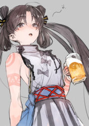 Rule 34 | 1girl, alcohol, backless dress, backless outfit, bare shoulders, beer, blush, body markings, breasts, brown eyes, brown hair, cup, dress, drunk, fate/grand order, fate (series), grey dress, highres, iyo (fate), large breasts, long hair, looking at viewer, mug, open mouth, parted bangs, sash, sideboob, solo, squeans, toi8, twintails, very long hair