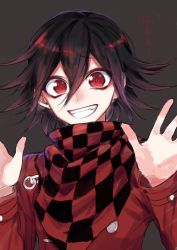 Rule 34 | 1boy, alternate costume, black hair, brown background, checkered clothes, checkered scarf, commentary request, danganronpa (series), danganronpa v3: killing harmony, grin, hair between eyes, hands up, jacket, long sleeves, looking at viewer, male focus, nanin, oma kokichi, red eyes, red jacket, red scarf, scarf, short hair, simple background, sketch, smile, solo, straitjacket, teeth, translation request, upper body