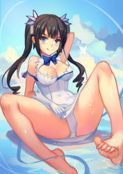 Rule 34 | 10s, 1girl, :q, arm behind back, arm up, atdan, bad id, bad pixiv id, bare legs, bare shoulders, barefoot, black hair, blue eyes, blue ribbon, blush, breasts, cleavage, cleavage cutout, clothing cutout, dress, dungeon ni deai wo motomeru no wa machigatteiru darou ka, feet, female focus, gloves, hestia (danmachi), highres, large breasts, legs, long hair, looking at viewer, md5 mismatch, panties, rei no himo, ribbon, solo, spread legs, tongue, tongue out, twintails, underwear, v-shaped eyebrows, wet, white dress, white gloves, white panties