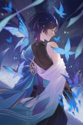 Rule 34 | 1boy, black shirt, black shorts, blue butterfly, bug, butterfly, closed eyes, closed mouth, facing to the side, genshin impact, hakama, hakama shorts, highres, insect, jacket, japanese clothes, male focus, purple butterfly, purple hair, scaramouche (genshin impact), shirt, short hair, shorts, sleeveless, sleeveless shirt, solo, wanderer (genshin impact), white jacket, xinxi97251086