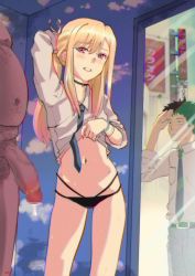 Rule 34 | 1girl, age difference, artist request, blonde hair, censored, fat, fat man, flat chest, japanese text, kitagawa marin, lingerie, mosaic censoring, multiple boys, penis, prostitution, school uniform, sono bisque doll wa koi wo suru, tagme, underwear, undressing