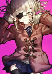 Rule 34 | 1girl, :&gt;, arms up, bags under eyes, black thighhighs, blonde hair, blue sailor collar, blue skirt, blunt bangs, boku no hero academia, cardigan, closed mouth, coat, double bun, eyepatch, hair bun, hair up, highres, looking at viewer, messy hair, narrowed eyes, pink background, pleated skirt, poppu, sailor collar, sidelocks, simple background, skirt, smile, solo, thighhighs, toga himiko, winter clothes, winter coat, yellow cardigan, yellow eyes