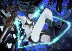 Rule 34 | 10s, 1girl, :&lt;, absurdres, armpits, bare shoulders, belt, bikini, bikini top only, black bikini, black rock shooter, black rock shooter (character), blue eyes, boots, breasts, chain, collarbone, from below, glowing, glowing eyes, highres, knee boots, leg lift, long hair, medium breasts, scar, shorts, solo, stregoicavar, swimsuit, sword, twintails, underboob, weapon