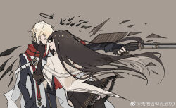 Rule 34 | 1boy, 1girl, ahoge, arched back, arknights, artist name, belt, belt buckle, black belt, black coat, black garter straps, black gloves, black halo, black sleeves, black wings, blonde hair, blunt bangs, broken halo, brown gloves, brown hair, brown skirt, brown wings, buckle, buttons, chinese commentary, chinese text, cloak, closed mouth, coat, collared jacket, commentary request, cousins, cowboy shot, crosshatching, dark halo, detached wings, earpiece, energy wings, executor (arknights), executor the ex foedere (arknights), expressionless, faceless, faceless female, faceless male, facing ahead, facing another, film grain, finger on trigger, fingerless gloves, floating hair, from side, garter straps, gloves, grey thighhighs, gun, hair between eyes, halftone, halo, hand on another&#039;s cheek, hand on another&#039;s face, hand up, hatching (texture), highres, hime cut, holding, holding weapon, jacket, layered sleeves, leaning, leaning forward, leaning on person, lever action, light brown background, linear hatching, long hair, long sleeves, mechanical halo, mechanical wings, messy hair, miniskirt, multicolored cloak, official alternate costume, outline, outstretched arm, parted lips, pleated skirt, profile, red cloak, short hair, short over long sleeves, short sleeved jacket, short sleeves, shotgun, sidelocks, simple background, skirt, sleeve cuffs, smile, standing, striped, thighhighs, two-tone cloak, variant set, vertical stripes, very long hair, virtuosa (arknights), watermark, weapon, weibo 5871963998, weibo logo, weibo username, white belt, white cloak, white jacket, white outline, wide sleeves, wings, wire, zettai ryouiki